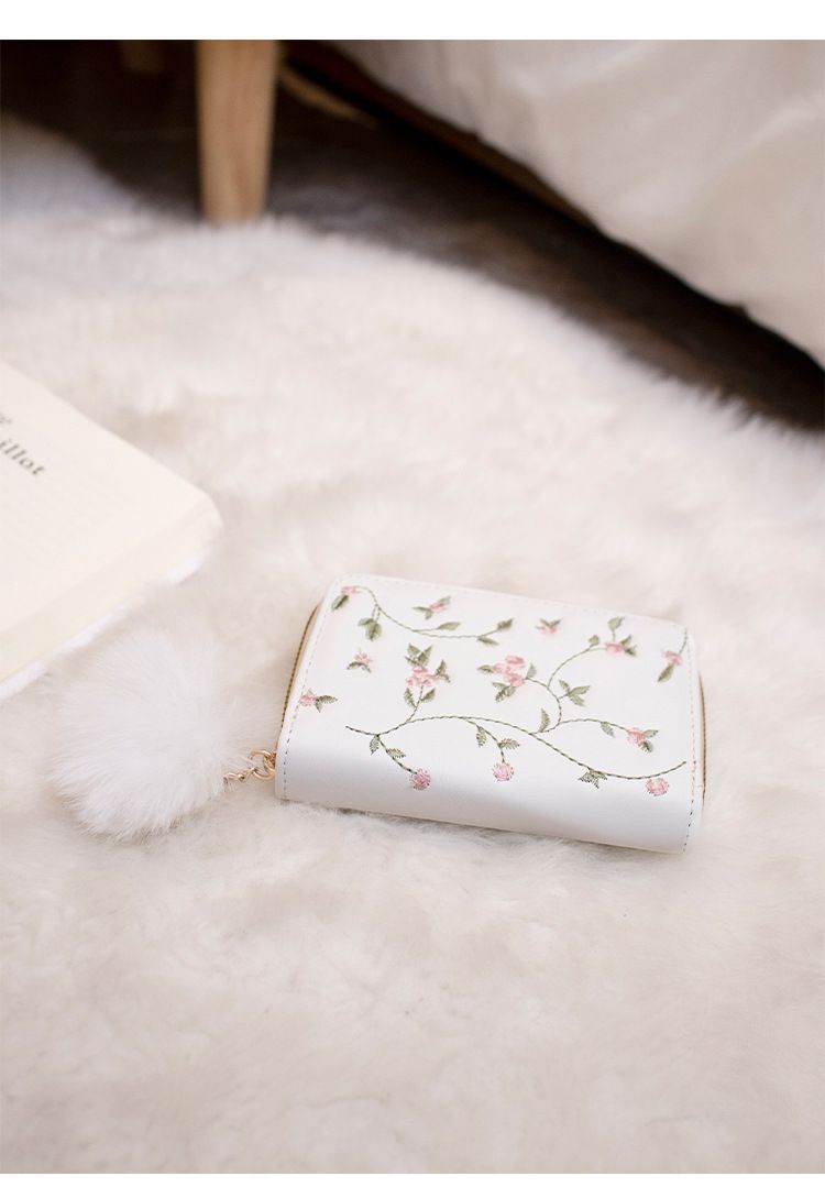 Bestickte Geldbörse im Vintage-Stil mit Pompom-Anhänger – Kurze Geldbörse mit mehreren Kartenfächern, süße Akkordeon-Handtasche für Mädchen_voghion.com