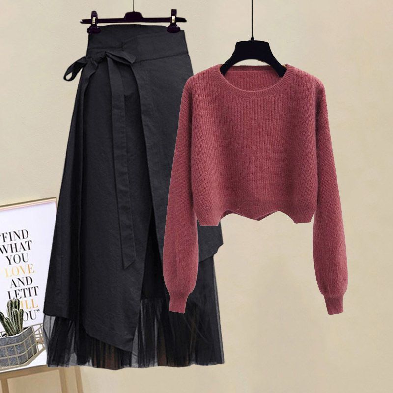Plus Size gebreide trui en rok tweedelig set dames herfst winter outfit 2025 nieuwe losse afslankende stijl_voghion.com
