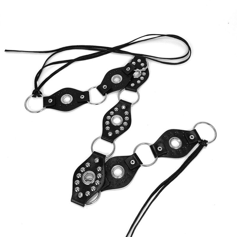 American Style Y2K Spicy Girl Round Ring Leather Patchwork Belt Black Rivet Metal Buckle Design Sense Tie Waist Rope_voghion.com