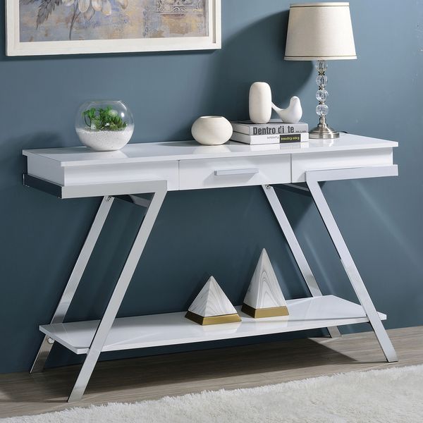Contemporary Style White 1pc Sofa Table High Gloss Finish Chrome Frame Console Table Gorgeous Living Room Furniture_voghion.com