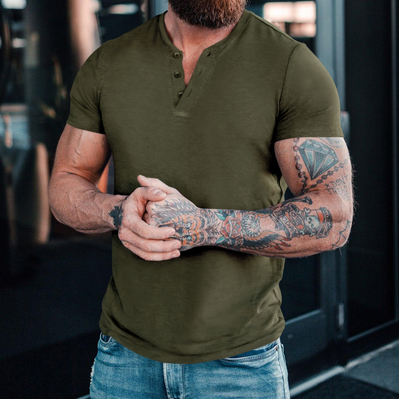 2023 Trendy Herrenmode Europäische Größe 6XL Button Henry Rundhals Kurzarm Slim Fit Einfarbiges T-Shirt_voghion.com