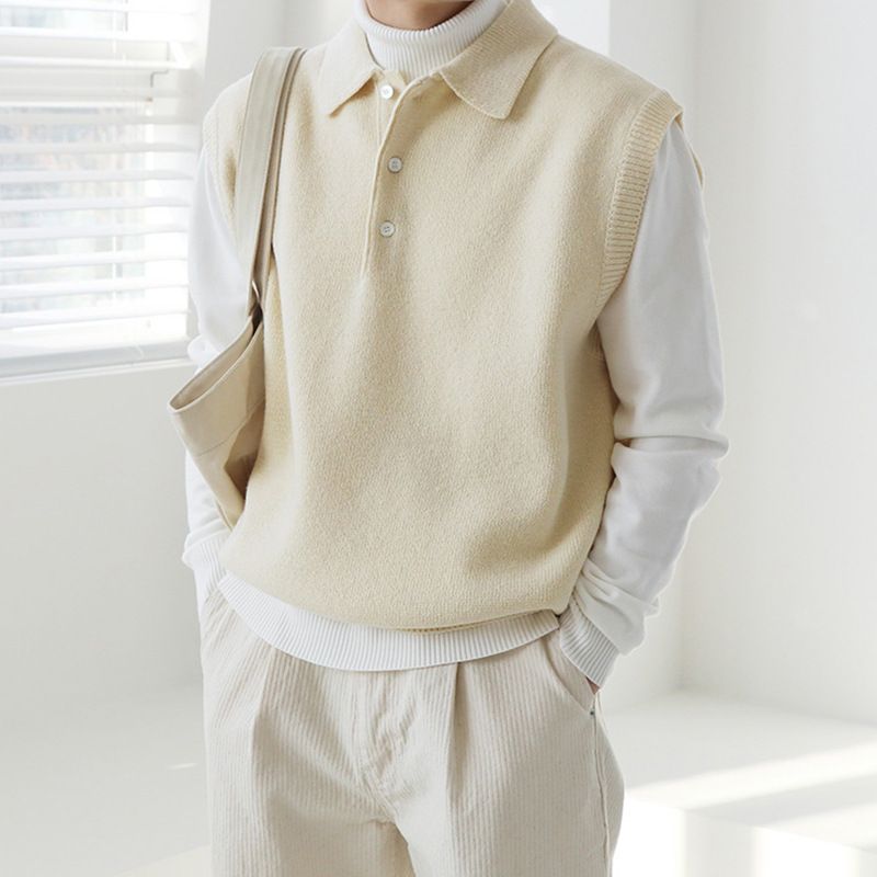 Frühlings-ärmelloser Umlegekragenpullover für Herren, lockerer koreanischer Stil, trendige, vielseitige Strickweste, Weste_voghion.com