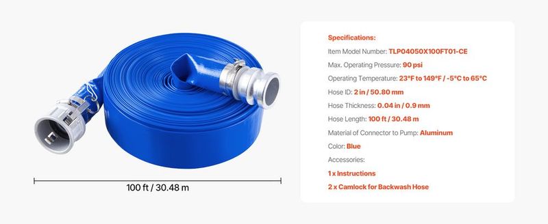VEVOR Backwash Hose 2 In X 100 Ft Blue High Quality Hose Complete Fittings_voghion.com