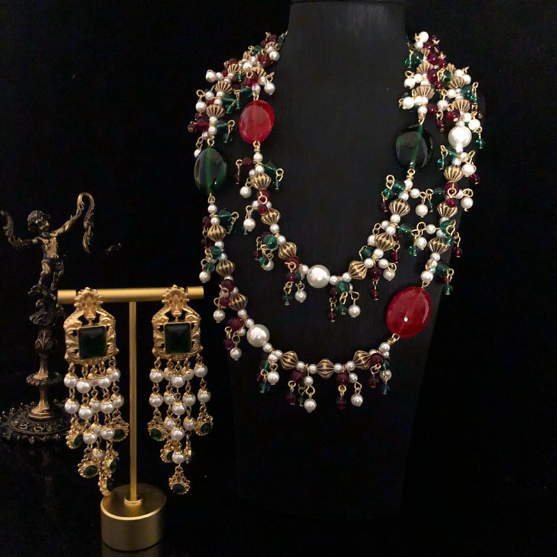 Cam inci çok katmanlı kolye İnci küpe seti abartılı retro uzun saçaklı küpe kolye_voghion.com