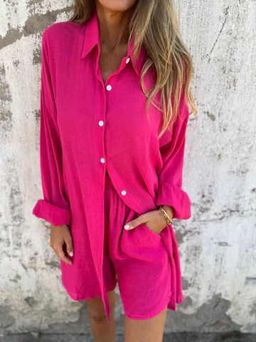 Conjunto de duas peças feminino casual de algodão e linho, cor sólida, manga comprida, camisa de tecido amassado, 2025_voghion.com