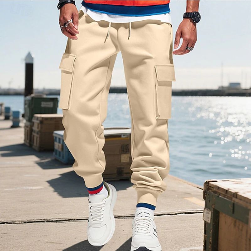 Pantalon de jogging cargo pour homme avec taille élastique et cordon de serrage - Pantalon décontracté multi-poches pour l'entraînement, la course et le quotidien (noir, rouge)_voghion.com