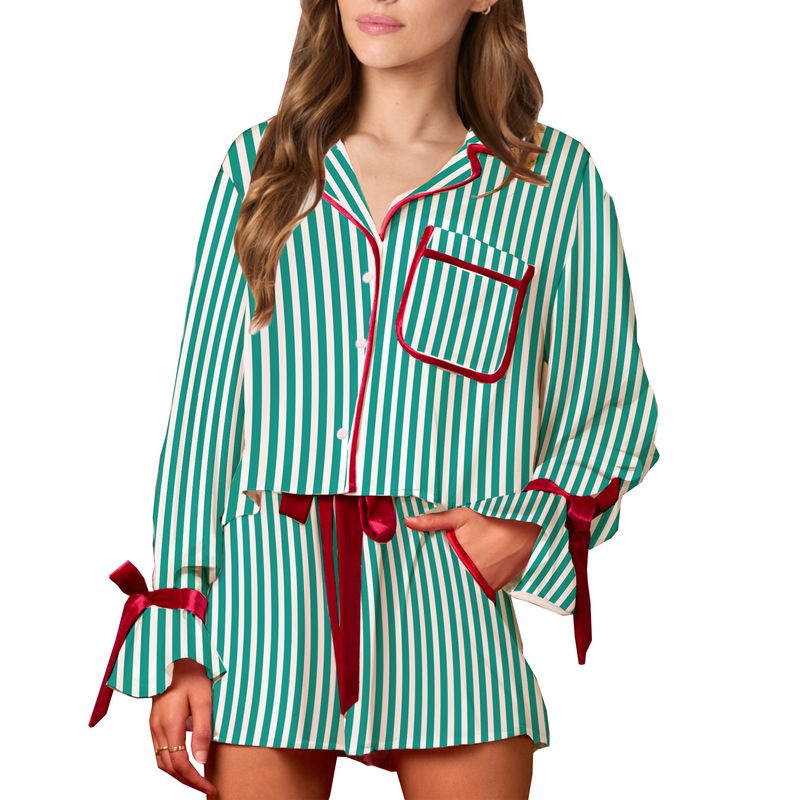 Kadın Pijama Takımları Baskılı Bol Ev Giyimleri Uzun Kollu Şort İki Parçalı Takım_voghion.com