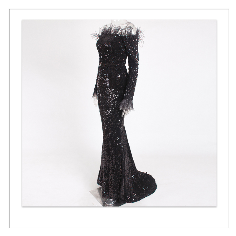 Abito da sera abito da sera a sirena con spalle scoperte sexy in velluto elasticizzato con paillettes a maniche lunghe_voghion.com