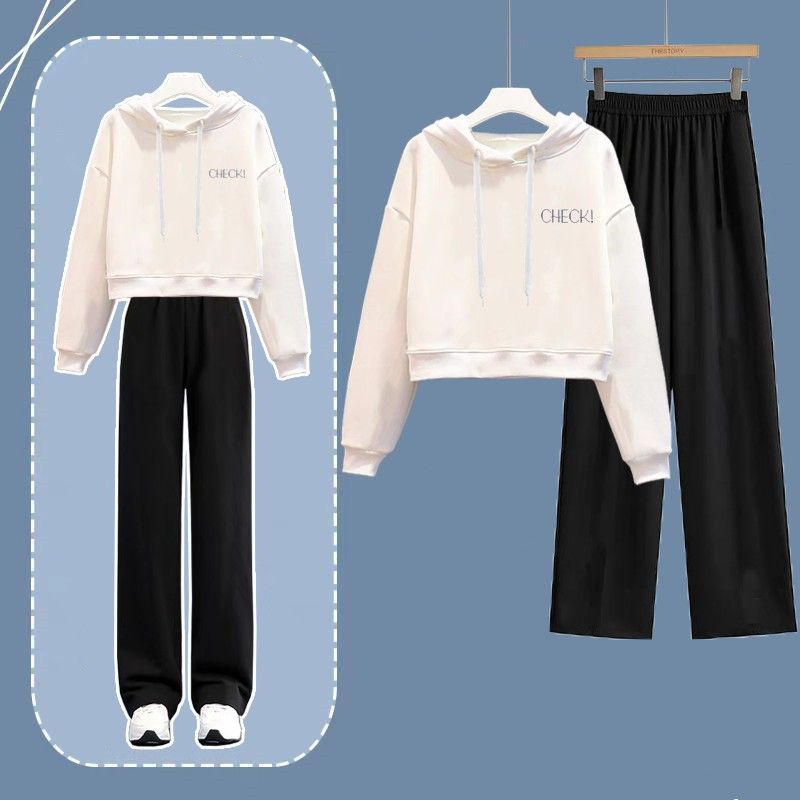 Felpa con cappuccio corta e larga in stile coreano, da donna, autunno inverno, moda casual, pantaloni a gamba larga, set da due pezzi_voghion.com