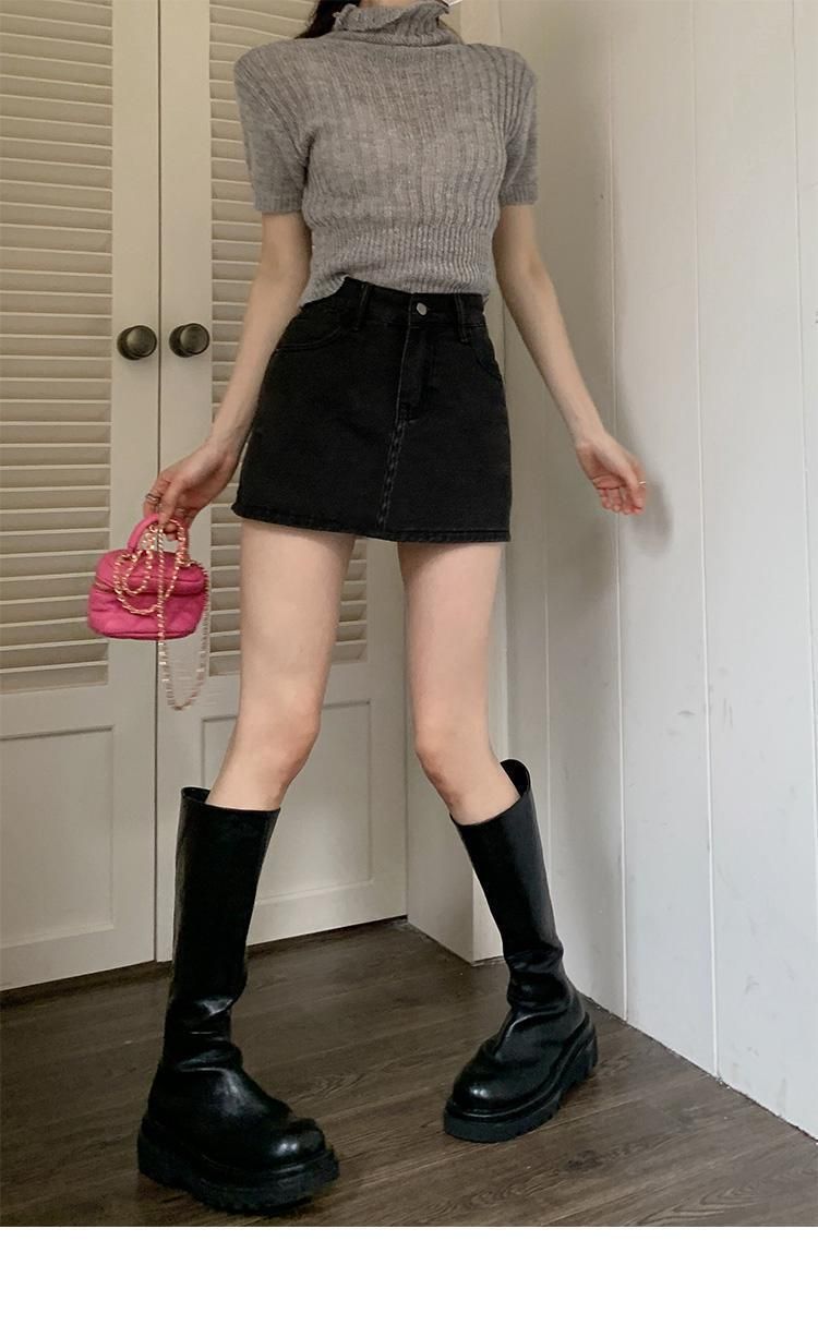 Gonna in denim da donna, modello primavera e autunno, nuova gonna nera a vita alta con linea a trapezio, abbinabile a tutti gli abiti_voghion.com