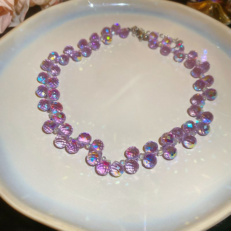 Set di collana e bracciale con cristalli viola iridescenti irregolari, dolce catena per clavicola personalizzata, lusso leggero e_voghion.com