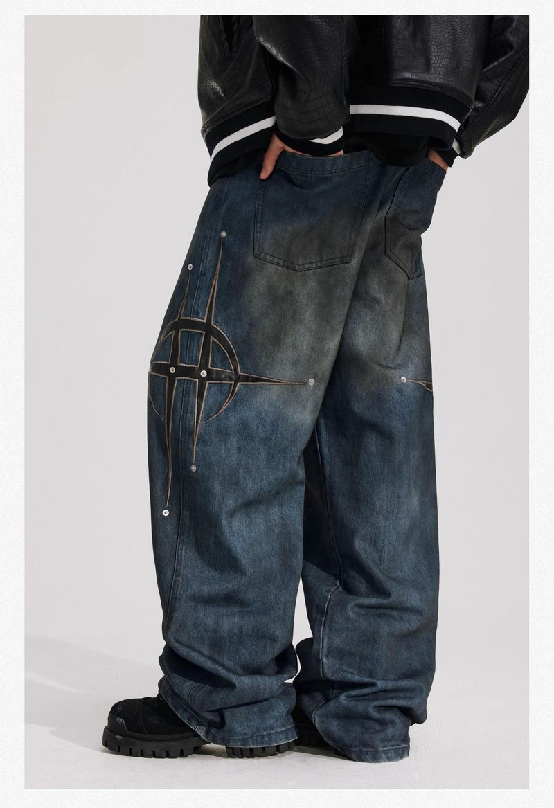"Retro Streetwear Denim Pants – Loose Straight Fit Jeans With Rivet & Patch Design, Casual Style, Unisex (M-4XL)"_voghion.com
