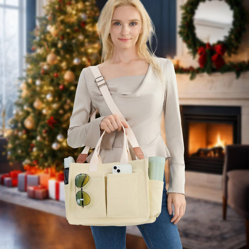 Borsa tote in tela grande per donna, con tasche, borsa a tracolla per laptop_voghion.com