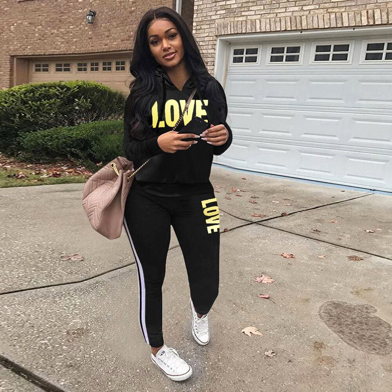 2-delige set damesoutfit LOVE Letter Print High Neck Hoodies Sweatshirt Broek Trainingspak Plus Size Streetwear Casual Pak_voghion.com