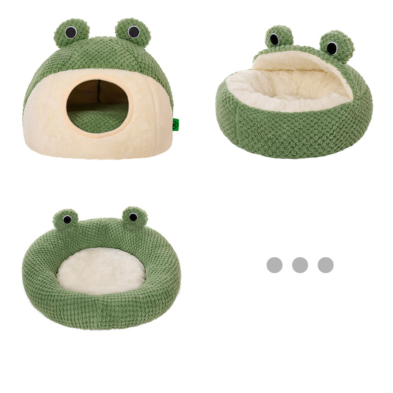 Nido per gatti con piccola rana, semi-chiuso, caldo in peluche per autunno e inverno, nido per cani_voghion.com