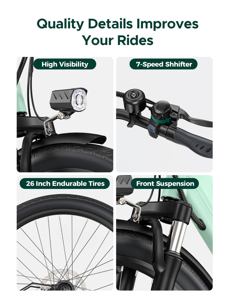 MileCity 1 Electric Bike, 7 Speed Electric Bicycle 36V 13Ah Removable Battery, 25km/h & 80-100km Range Urban Commuter E-bike, IP65 Waterproof_voghion.com