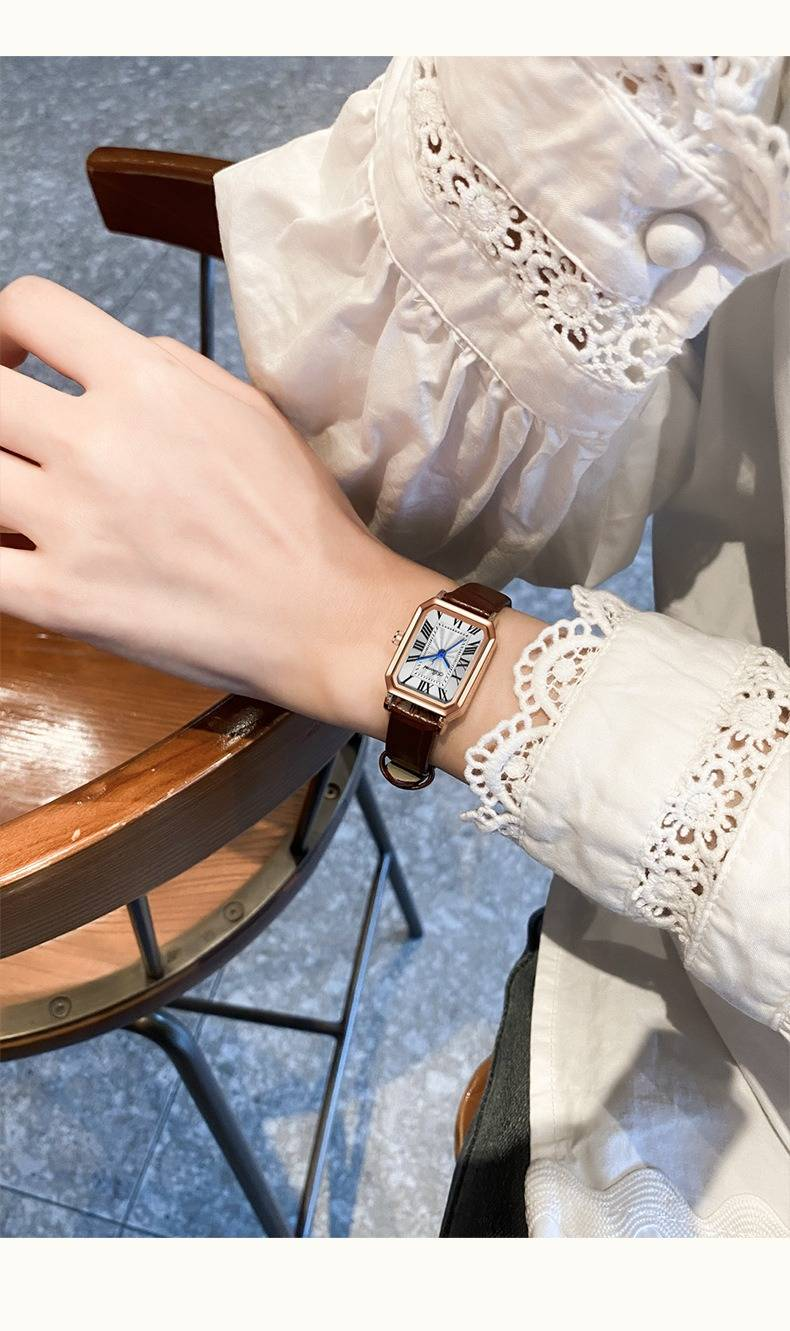 Elegancki damski zegarek w stylu retro z kwadratową tarczą i paskiem ze skóry naturalnej – wodoodporny zegarek kwarcowy dla modnych kobiet_voghion.com