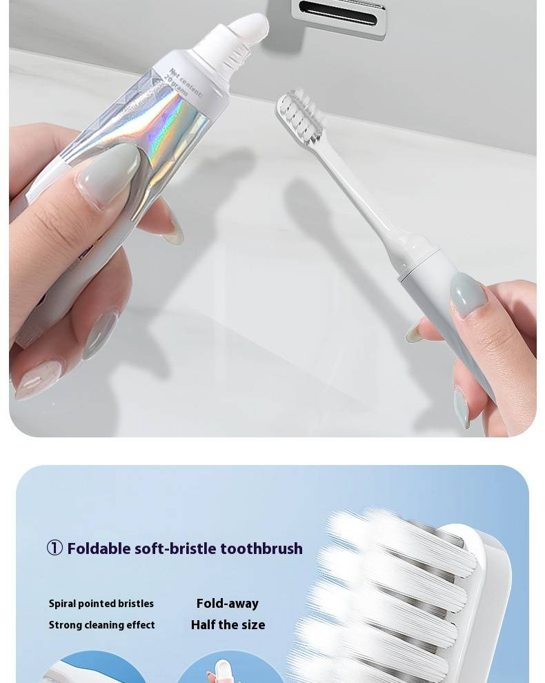 Foldable Travel Toothbrush Set With Toothpaste & Collapsible Cup – Portable Oral Care Kit For Camping, Office, And Travel (Blue/Pink/White/Gray)_voghion.com