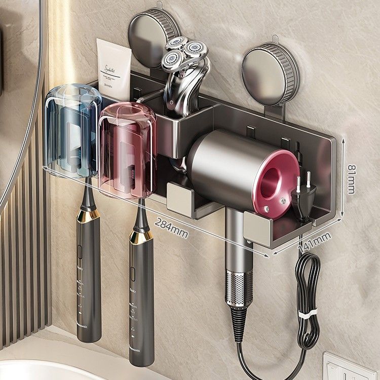 Suction Cup Toothbrush Holder With Cups & Hair Dryer Stand - No Drill Wall Mount Bathroom Organizer For Family Of 4, 3 Or Couples_voghion.com