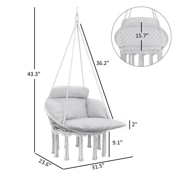 Hammock Swing Chair, Macrame Hanging Chair With Large Cushion, Chain, Steel Frame For Indoor Outdoor Use, Gray_voghion.com