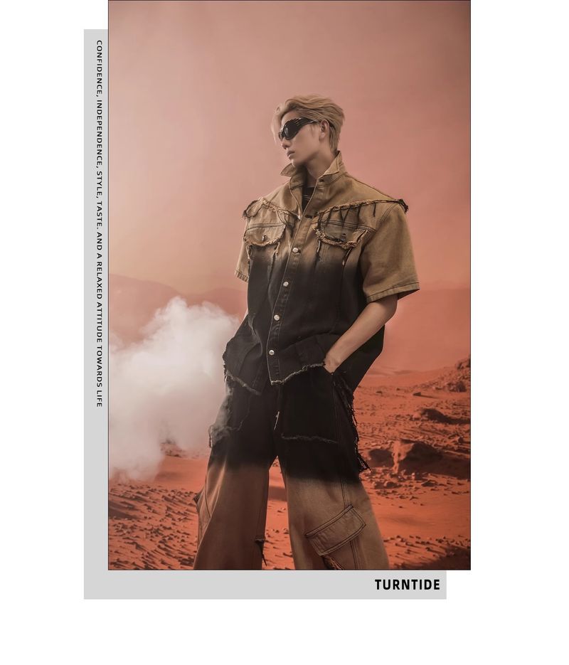 Męska odzież retro, sprana, gradientowa kurtka z krótkim rękawem, elegancki garnitur dżinsowy dla mężczyzn_voghion.com