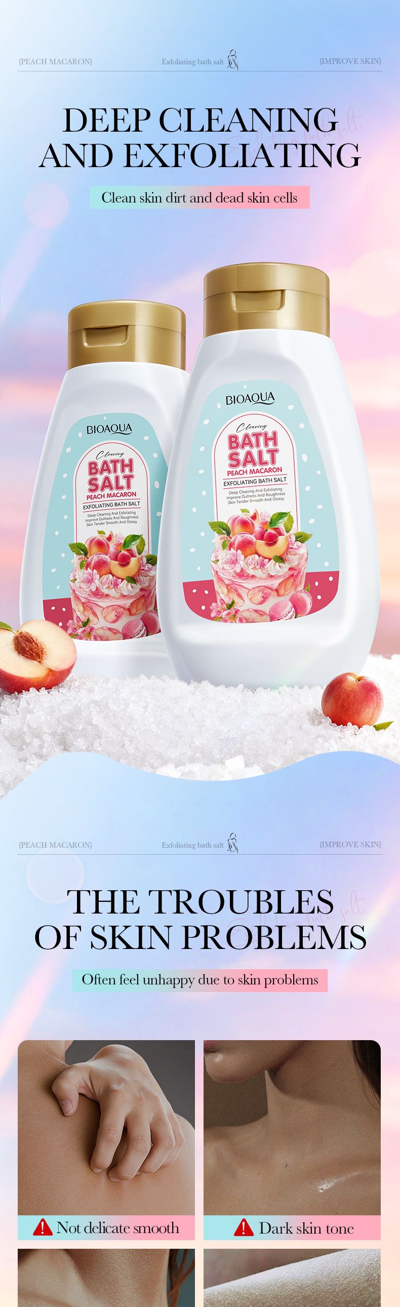 Prodotto per la cura della pelle con sale da bagno per il corpo esfoliante alla pesca, 430 g, torta di macaron_voghion.com