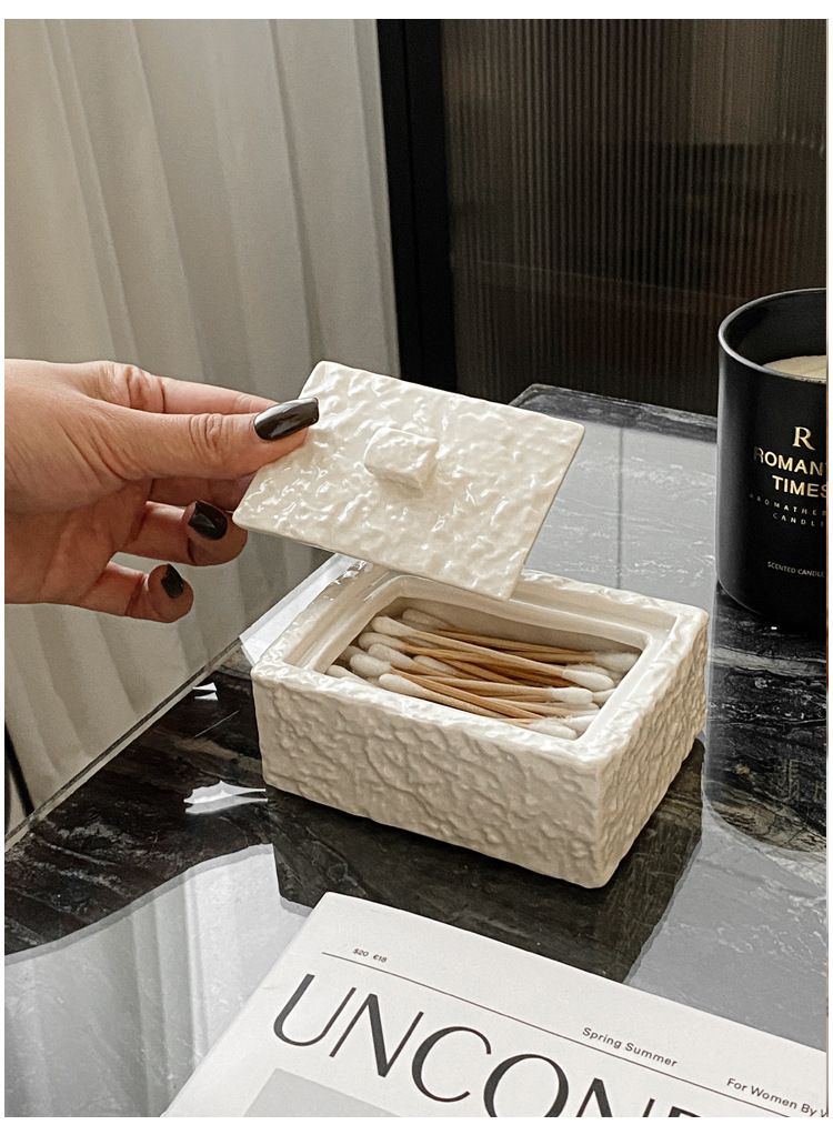 Eleganter Wattestäbchen- und Zahnstocherhalter aus Keramik – staubdicht, minimalistisches Design für Zuhause, Küche und Bad (Optionen in Schwarz und Weiß)_voghion.com