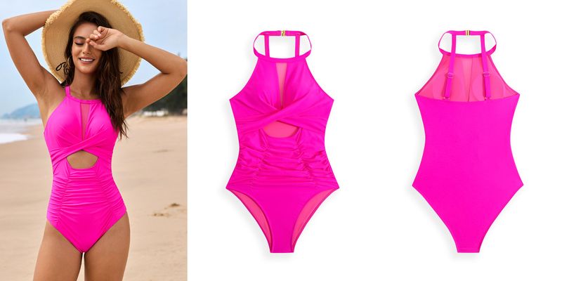 Maillot de bain une pièce en maille unie pour femme, maillot de bain exclusif_voghion.com