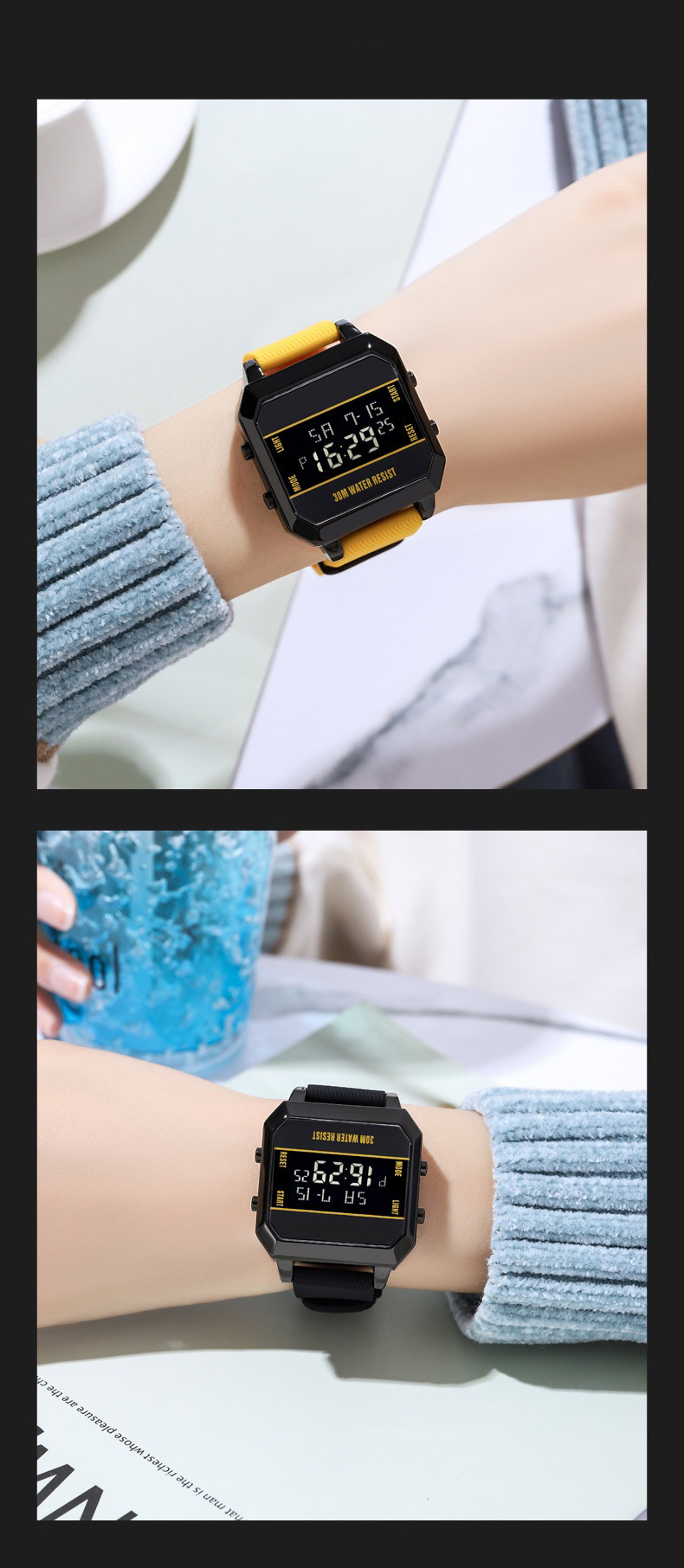 Square Men's Sport Digital Wrist Watch Big Numbers Dial Waterproof LED Electronic Watches with Alarm Date Stopwatch 12/24H_voghion.com