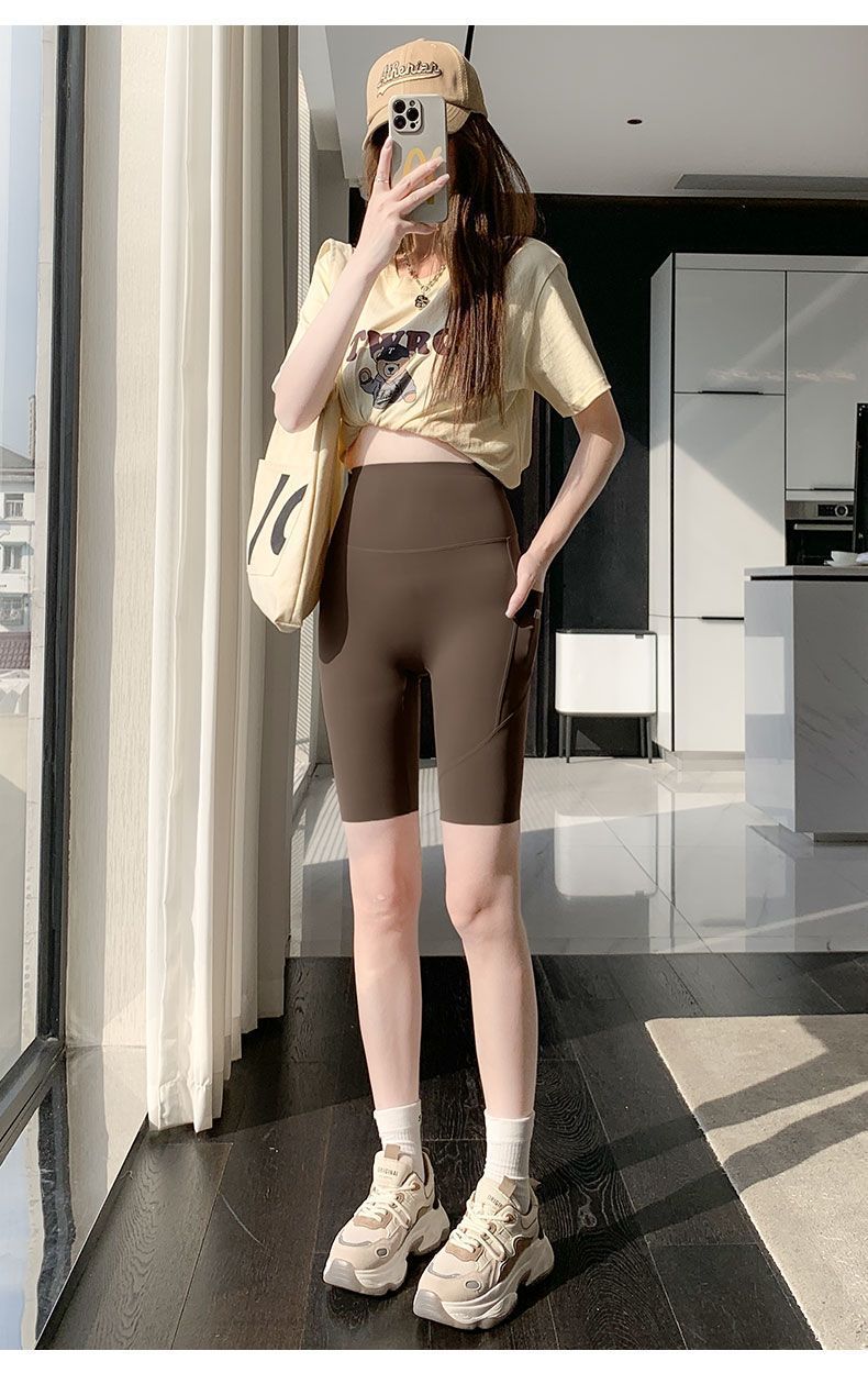 Leggings sportivi da yoga con controllo della pancia, da donna, con tasche a squalo a cinque punti, a vita alta e sottili, estivi, da ciclismo_voghion.com