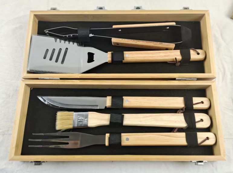✅Stainless Steel Tool Outdoor Wooden Handle Fork Spatula Tongs Combination BBQ Utensils Full Set_voghion.com