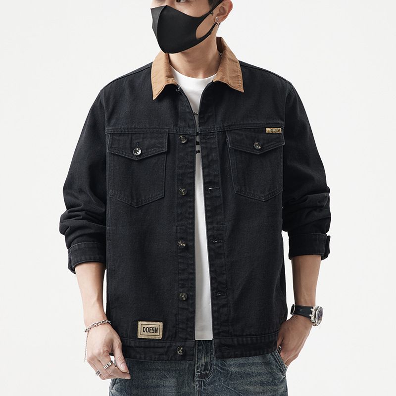 2025 Ny Krydsfarvet Splicing Lapel Jakke Herre Tyk Plus Size Badge Denimskjorte_voghion.com