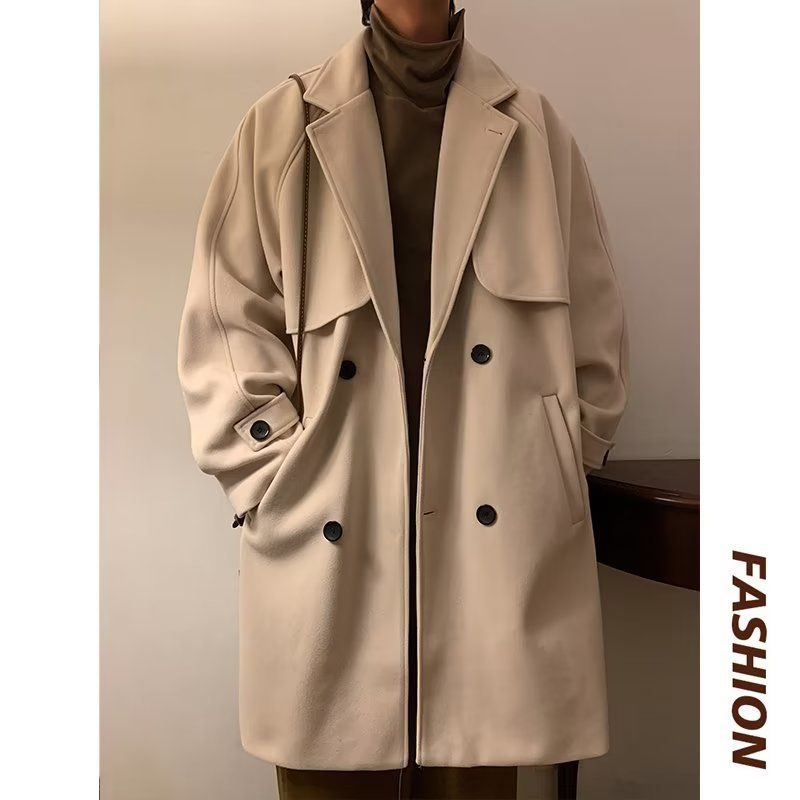 Autumn And Winter New Double Row Buttoned Medium To Coat, Men's Woolen Windbreaker, Loose Long Coat_voghion.com