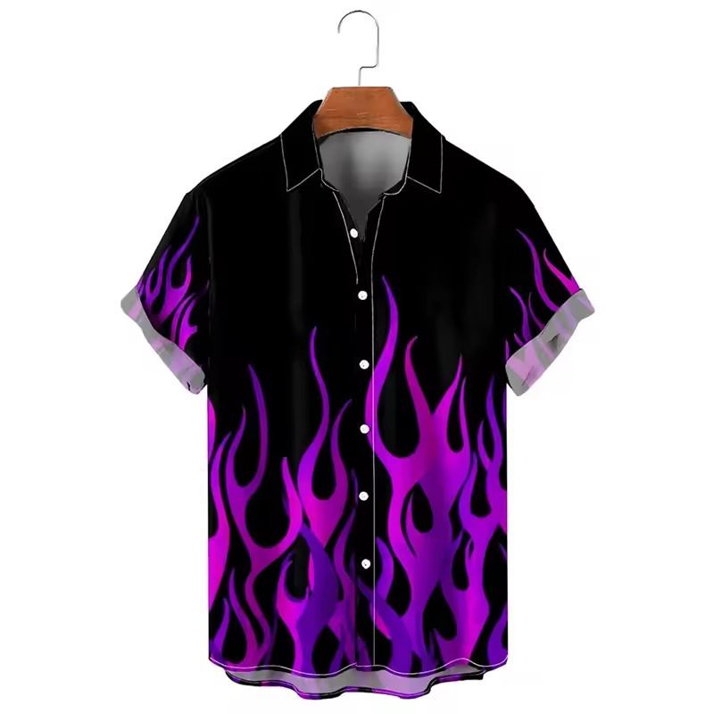 Herrenbekleidung Flammendruck Kurzarmhemd Mode Strandurlaub Revershemd Herren Sommer Button-Down-Hemd_voghion.com