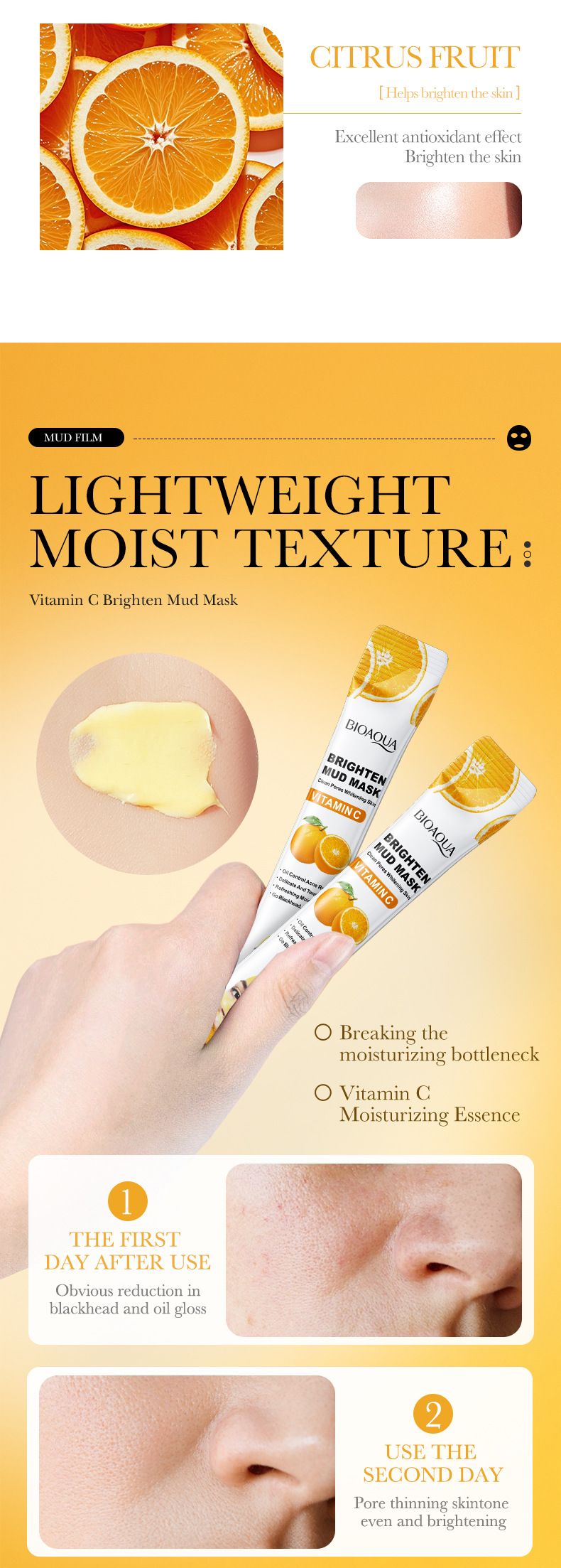 BIOAOUA Masque de boue éclaircissant à la vitamine C 8 g x 10 pièces Masque nettoyant en profondeur pour le contrôle du sébum Masque éclaircissant pour le teint_voghion.com