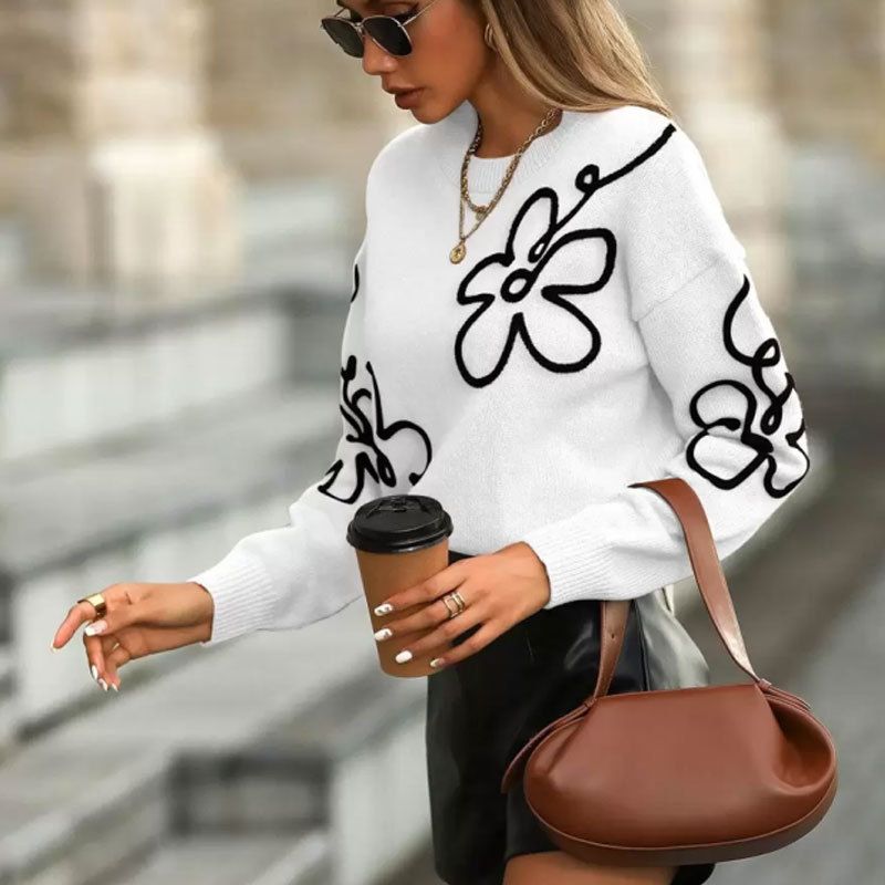 Floral Embroidered Sweater Women's 3D Knit Top Long Sleeve Round Neck Elegant Casual Fall Winter Tunic Acrylic Blouse_voghion.com