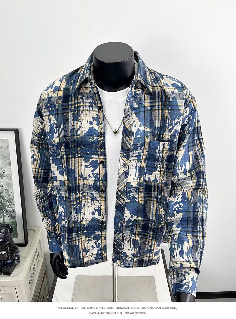 Herren-Langarmhemd mit Batikmuster und Karomuster – Stilvolles, locker sitzendes Freizeit-Overshirt mit Kentkragen für Frühling und Herbst_voghion.com
