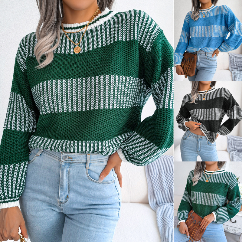 Abbigliamento da donna Net rosso stile vero colpo autunno e inverno casual contrasto di colore a righe maglione lavorato a maglia a maniche lunghe abbigliamento da donna_voghion.com