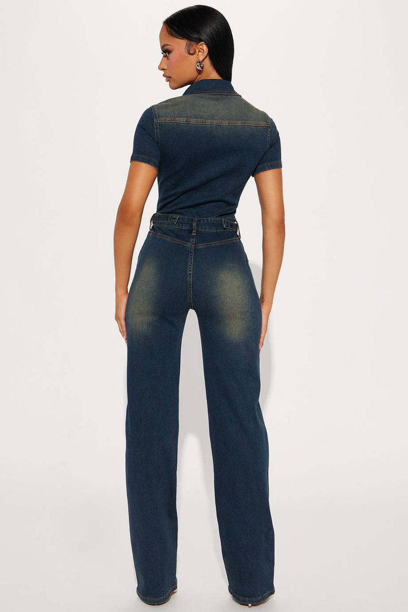 Tight Waist Slim Elastic Washed Denim Jumpsuit Straight Loose Jumpsuit_voghion.com