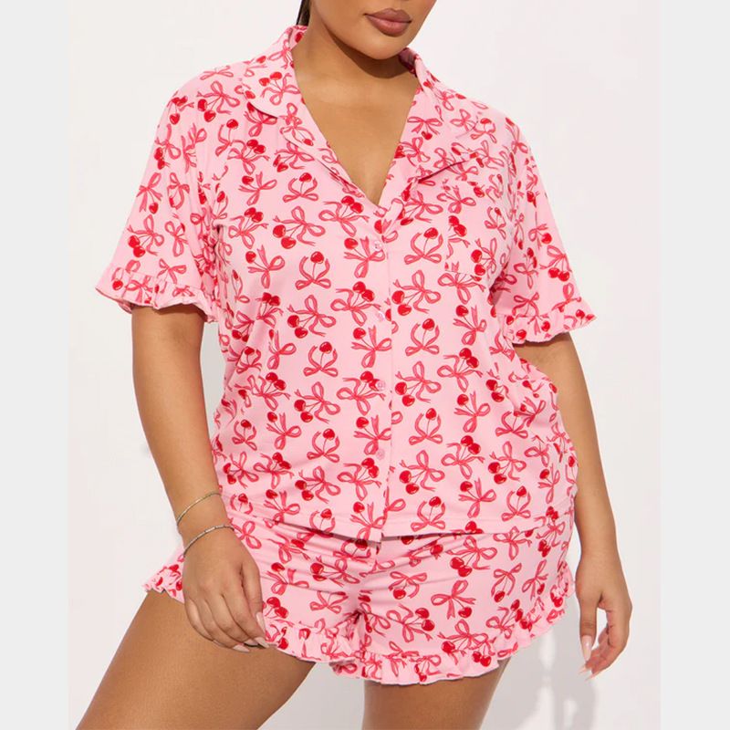 Damenbekleidung Freizeit Bedruckter Revers Rüschen Kurzarm Shorts Anzug_voghion.com