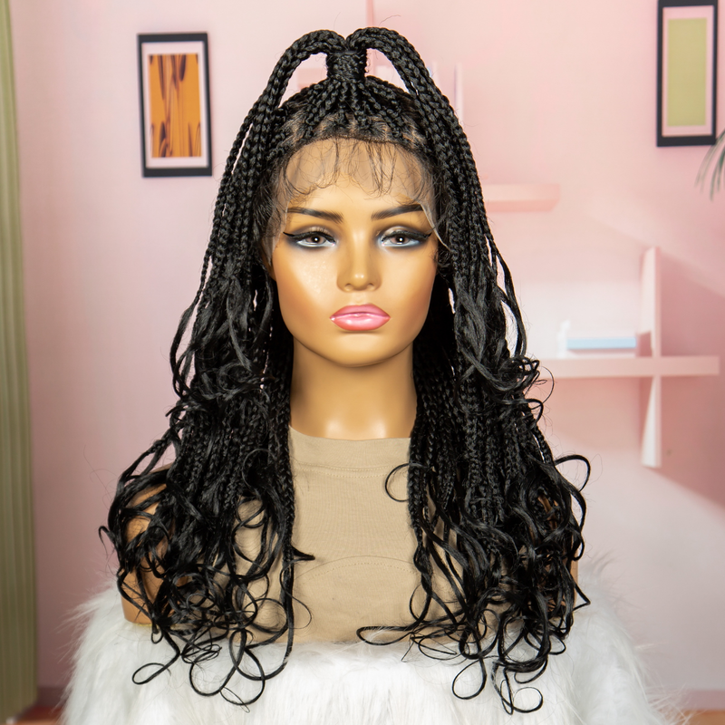 Fashion medium long braided wig head set 9*6 front lace braided braided hair tail large roll synthetic lace wig 180% density simple fashion shape_voghion.com