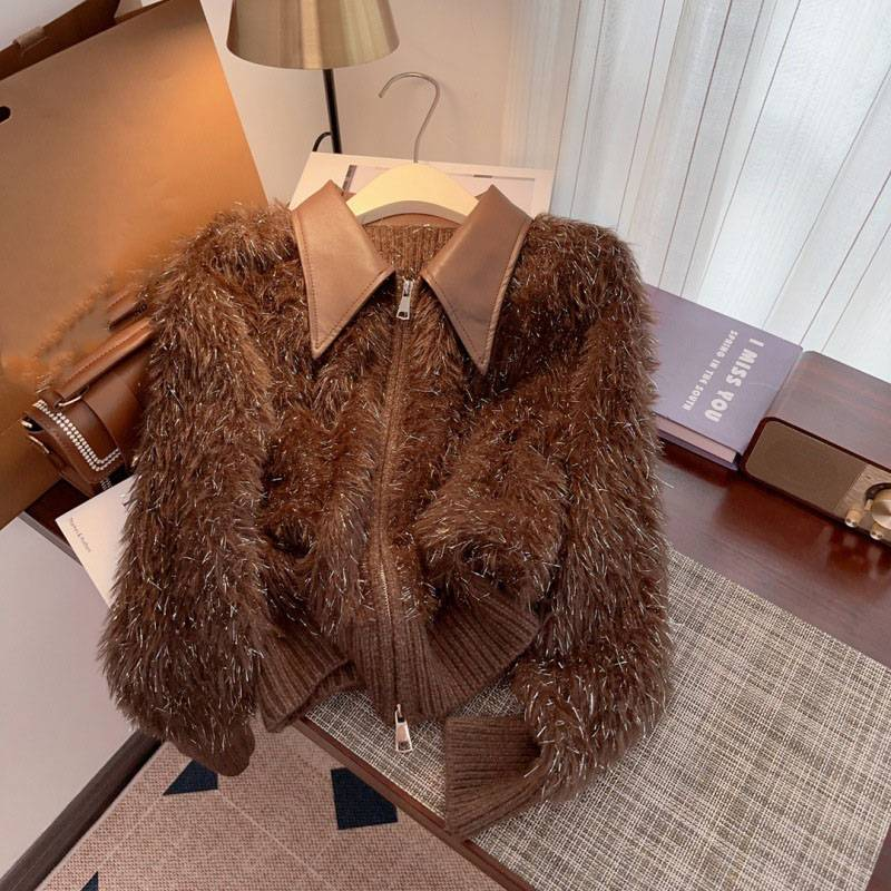 Women's Clothing French soft and furry leather collar stitching knitted cardigan design niche sweater _voghion.com
