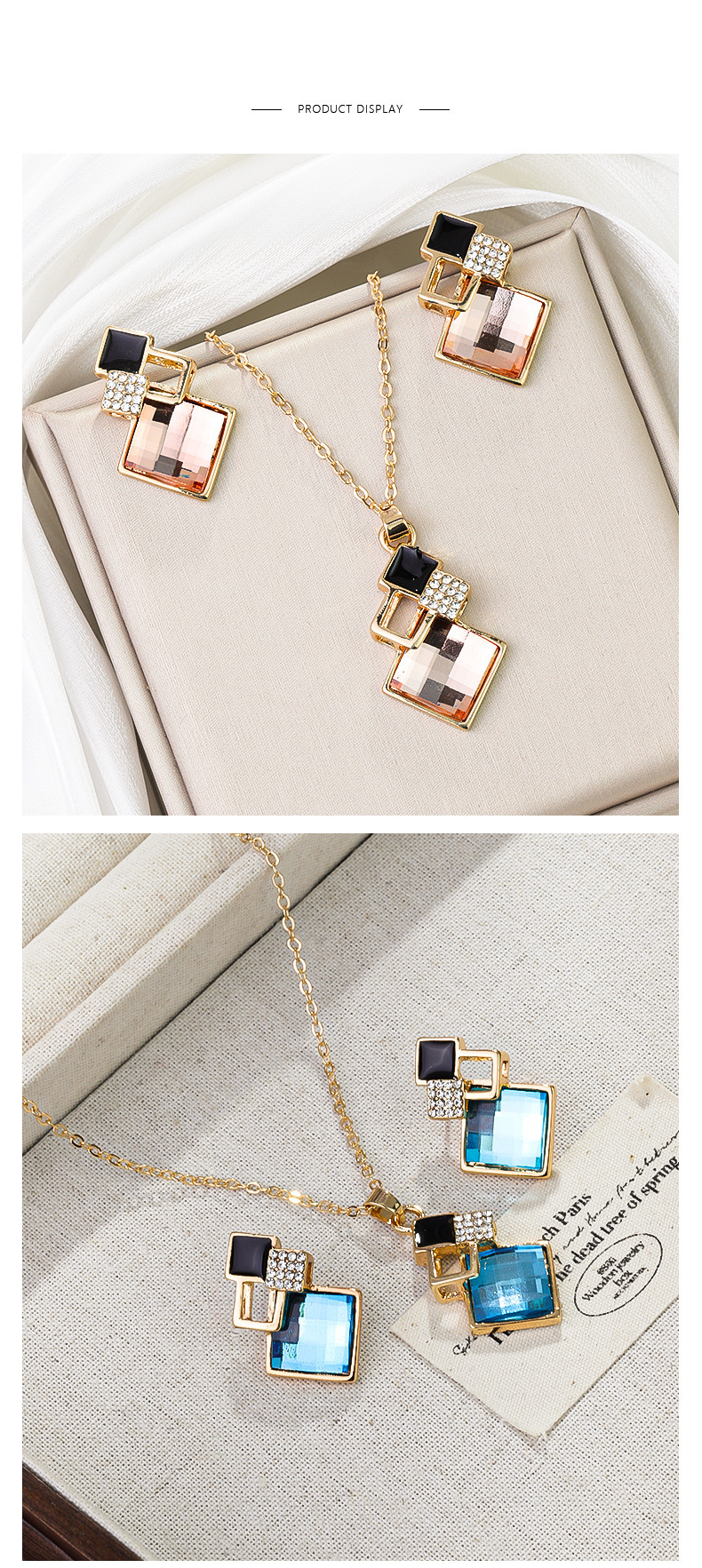 Schmuckset mit Ohrringen und Halskette aus geometrischen Edelsteinen, Wassertropfen, Diamanten und Herzkristallen, zweiteiliges Set für Damen_voghion.com