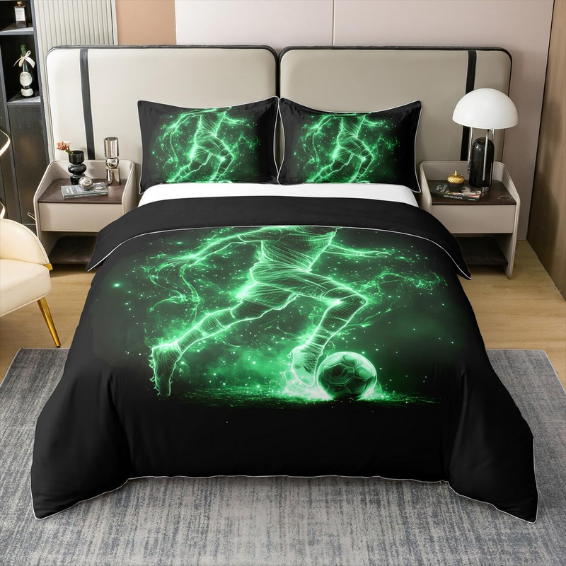Soccer Bedclothes Double Football Field Bedding Set For Kids Boys Men Goal Galaxy Aurora Glowing Black Green Comforter Cover Soft Comfy Duvet Cover _voghion.com
