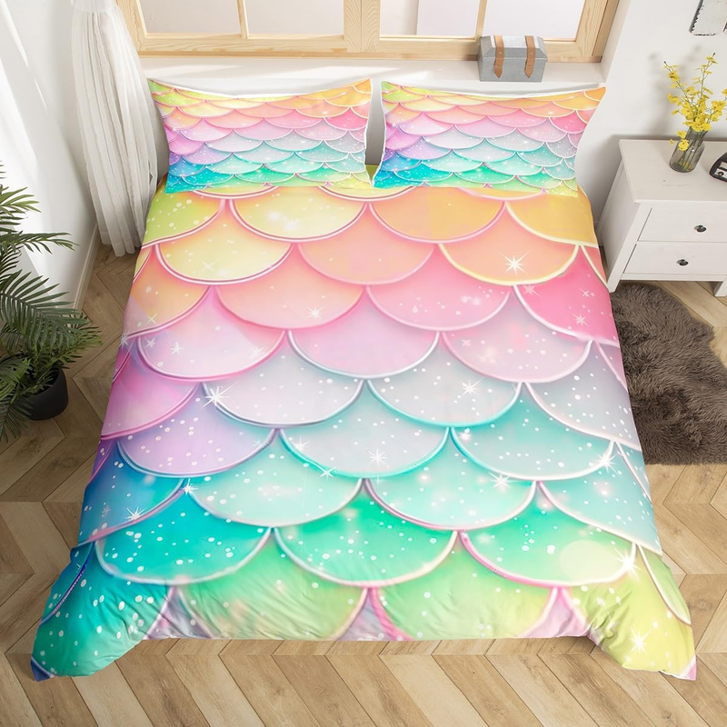 Copripiumino con squame arcobaleno, copripiumino con squame di sirena colorata per lettino per bambini, set di biancheria da letto con cielo stellato, set di biancheria da letto con vita marina, arredamento per camera da letto_voghion.com