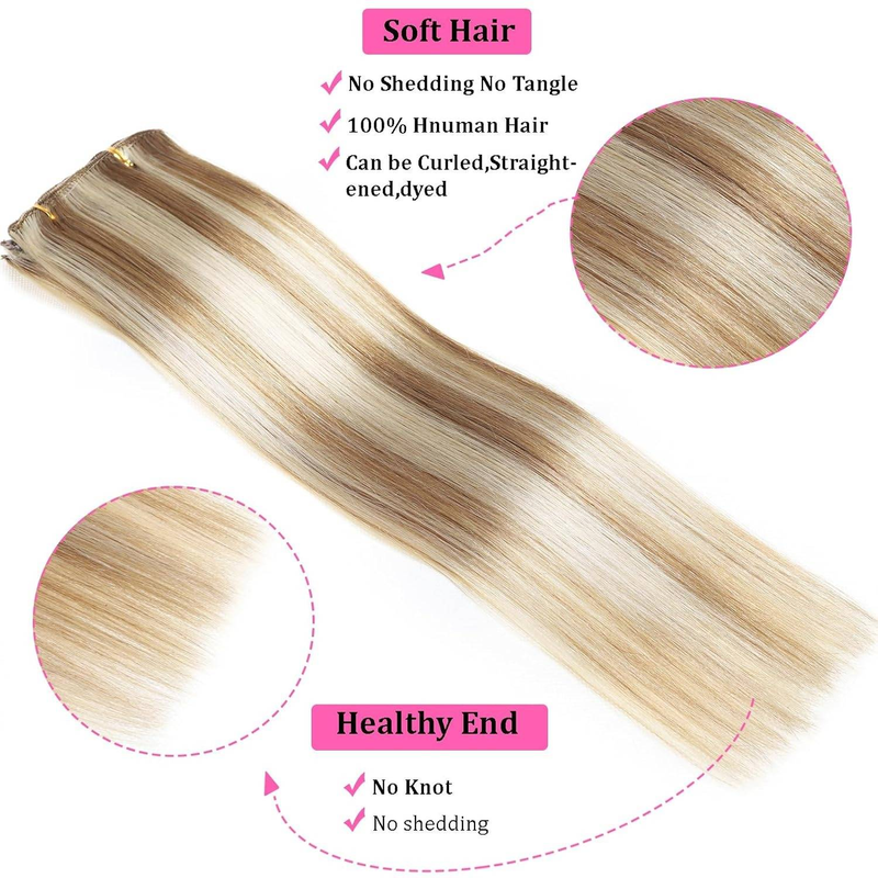 Clip-In-Haarverlängerungen, Echthaar, 50,8 cm, Helles Aschblond/Bleichblond, Clip-In-Doppelschuss, 100 % Echthaar-Extensions, 8 Stück, 105 g_voghion.com