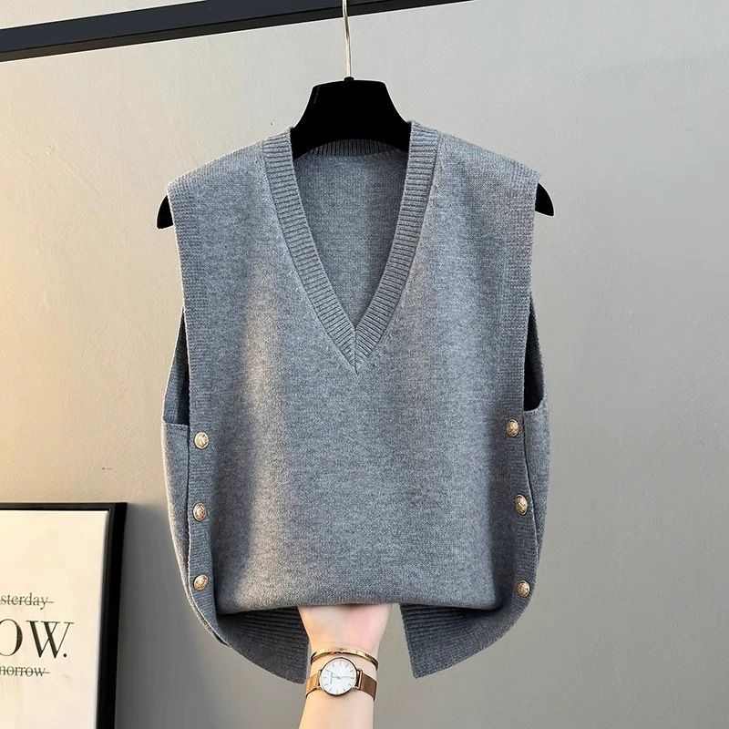 Gilet in maglia con scollo a V da donna - Gilet leggero e ampio per primavera e autunno, capo casual da indossare a strati_voghion.com