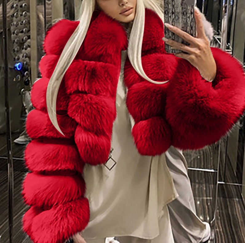 Women's Lapel Imitation Fur Coat Imitation Fox Fur Long Sleeve Patchwork Coat_voghion.com