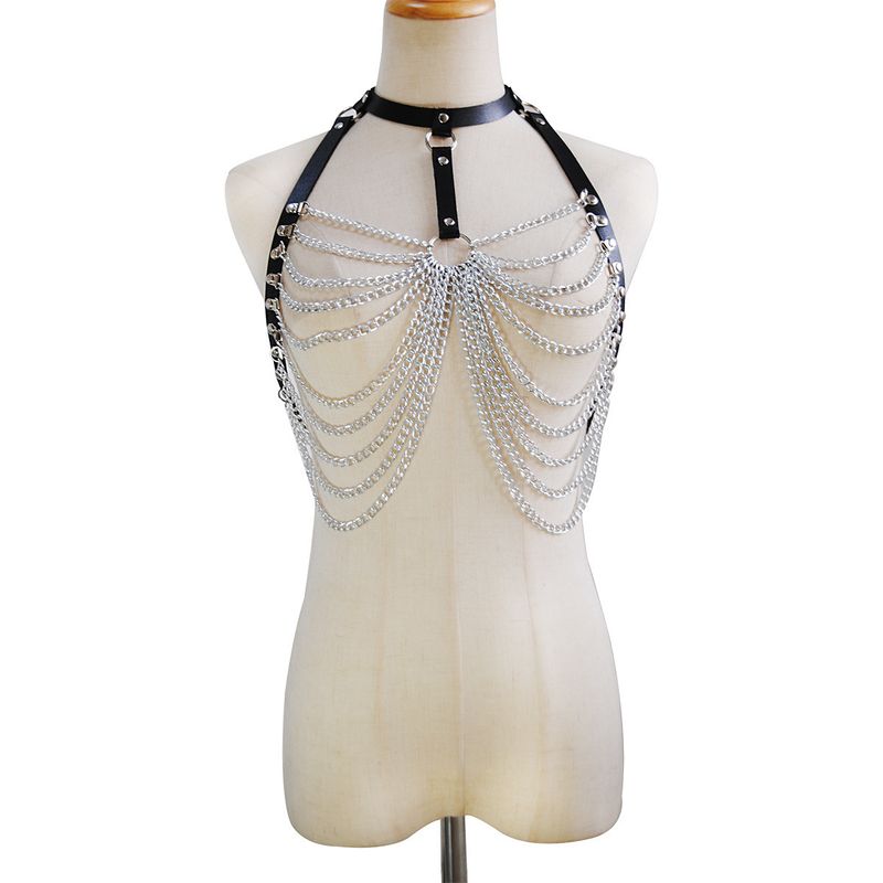Modische mehrlagige Körperkette aus PU-Leder mit Metallakzenten – stilvoller Brustschmuck für Frauen_voghion.com