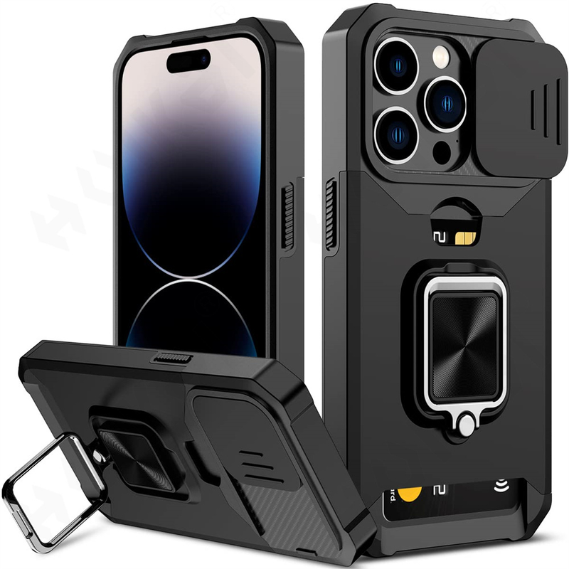 Fodral för iPhone 15 14 13 12 11 Pro Max XS XR Slide Kamerakorthållare Heavy Duty Skyddsring Magnetisk Kickstand_voghion.com